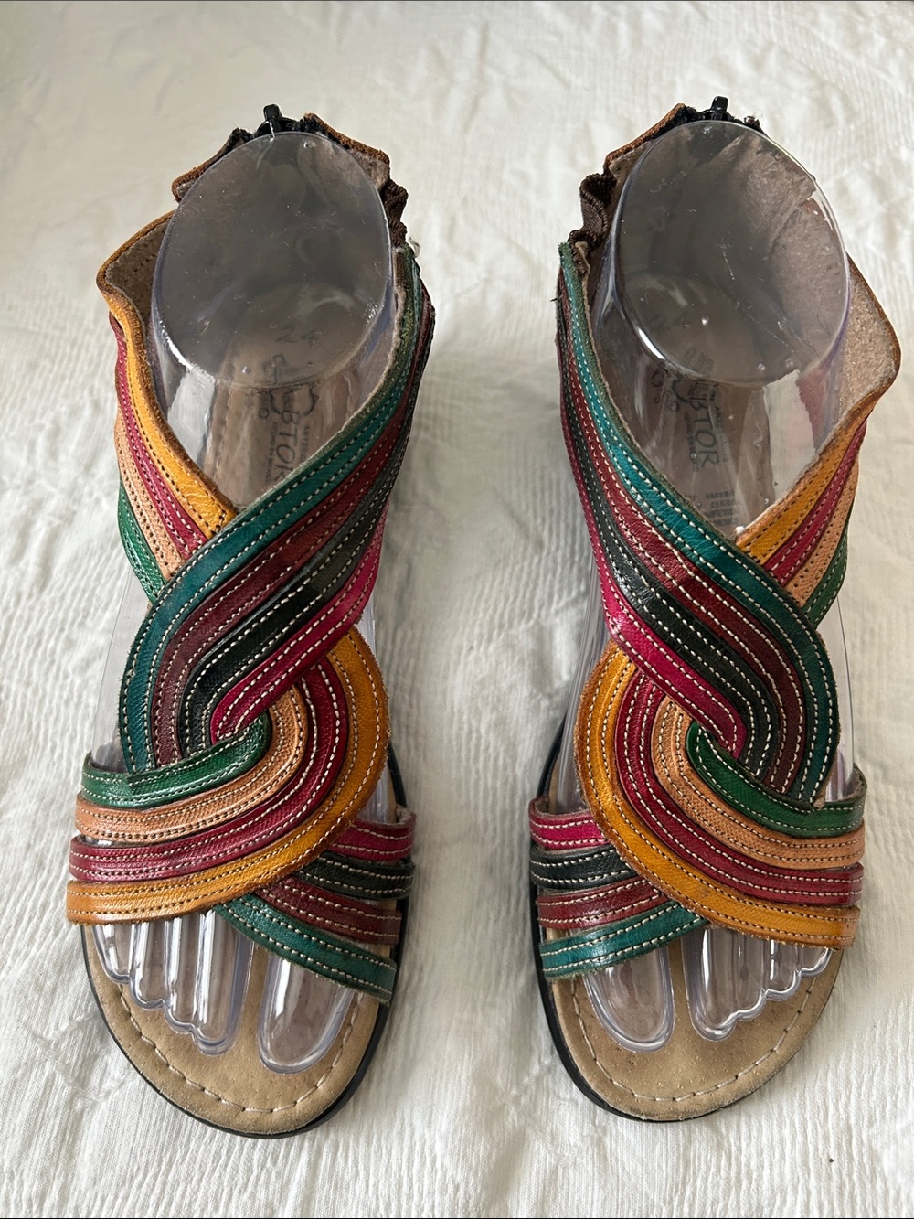 MEXICANA Multicolor Braided Leather Sandals - Green, Pink, Yellow, Brown.